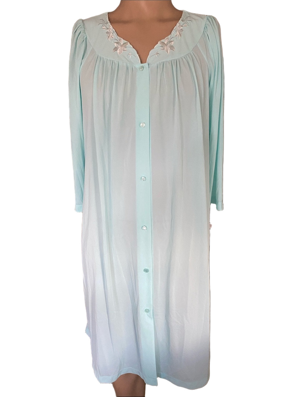 Miss Elaine Mint Blue Button-Front Long Nightgown with Embroidered Yoke